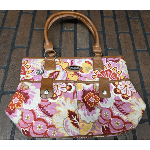 Spartina 449 Daufuskie Island Leather and Linen Shoulder Bag / Floral - Picture 1 of 8